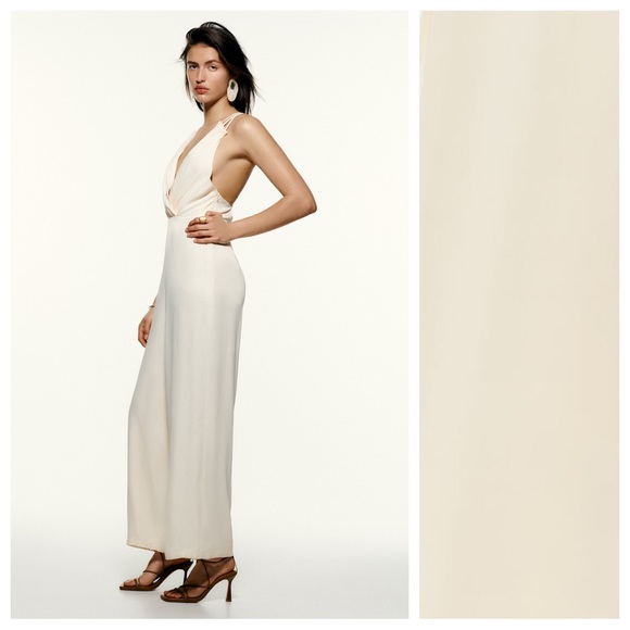 NWT. Zara Cream Crossover Satin Effect Jumpsuit. Size L. - Picture 4 of 13